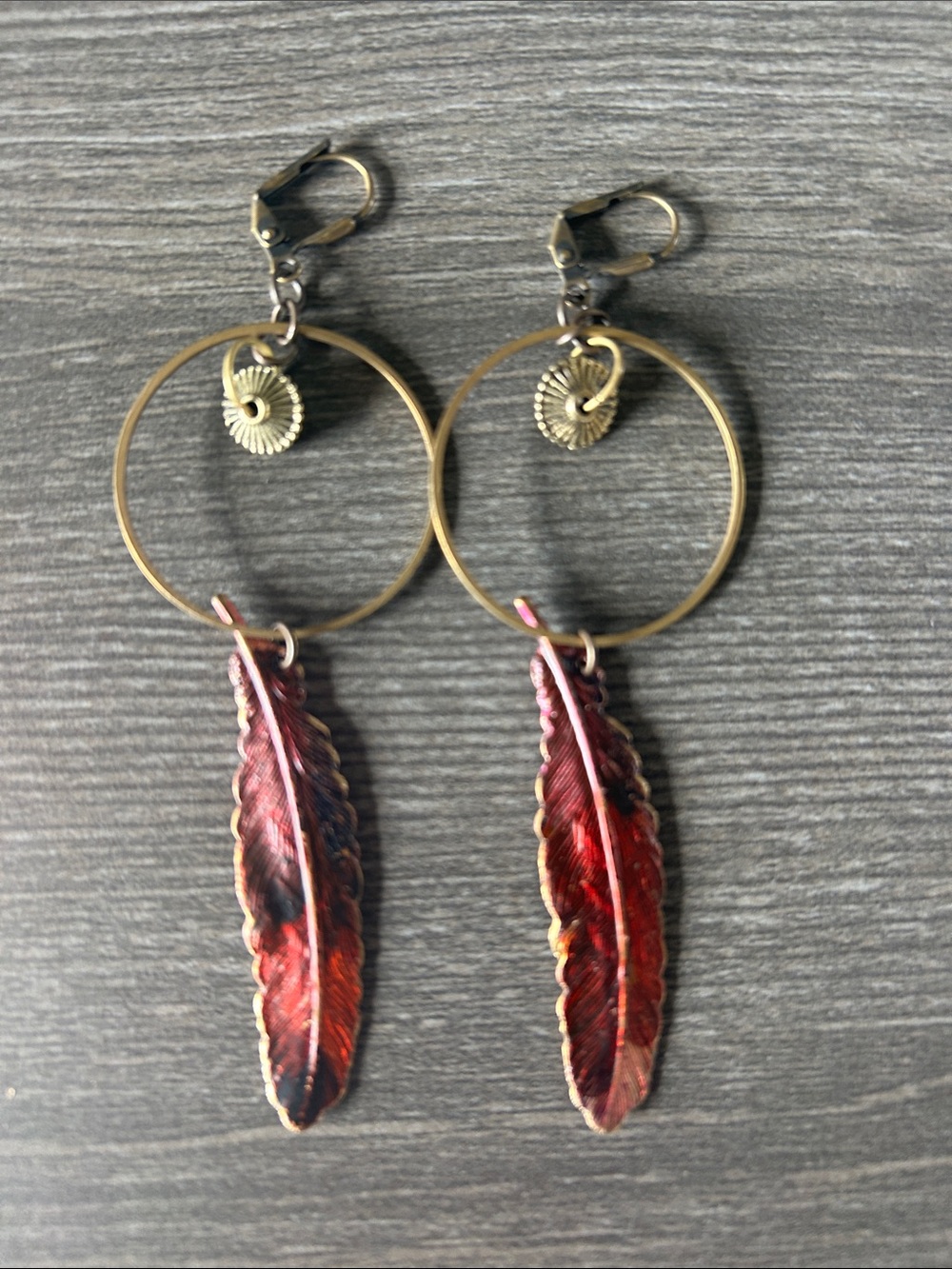 Beautiful Hand painted Brass Red Feather Hoop Earrings